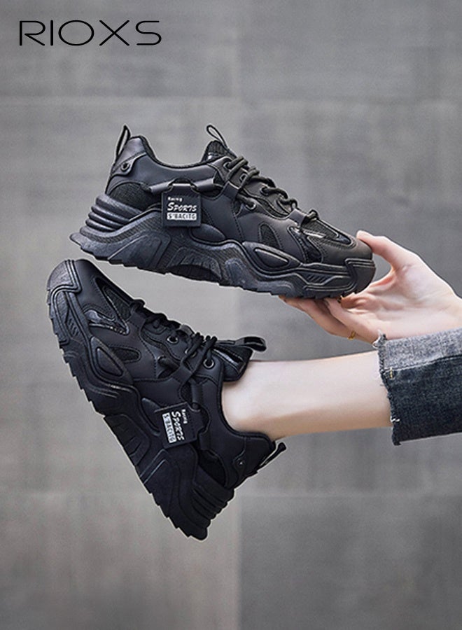 ريوكس حذاء رياضي نسائي سميك، حذاء بشبكة قابلة للتنفس ونعل سميك، حذاء رياضي خفيف الوزن ومضاد للانزلاق مع رباط، حذاء رياضي مريح للركض والمشي، ملابس شبابية وملابس يومية، أسود - Image 2